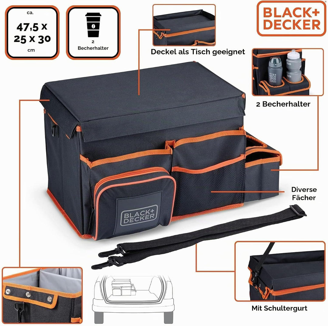 BLACK+DECKER Kofferraum-Organizer – 47,5 x 25 x 30 cm – mit Tragegurt – Getränkehalter – Grau/Orange