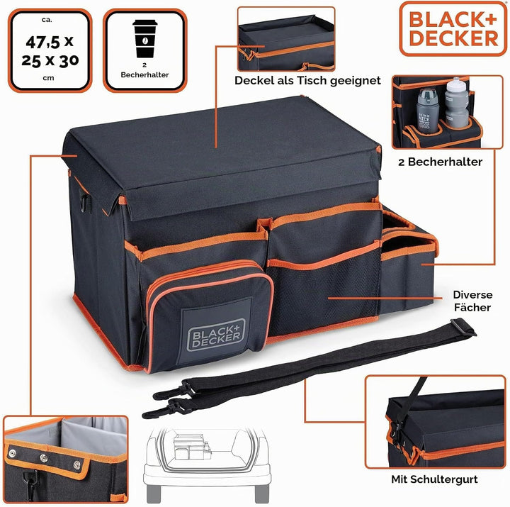 BLACK+DECKER Kofferraum-Organizer – 47,5 x 25 x 30 cm – mit Tragegurt – Getränkehalter – Grau/Orange
