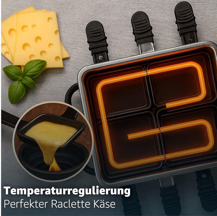 Raclette 8 Personen Set - Mit Tischgrill & Grillplatte & Steinplatte Funktion - inkl. Pfännchen & Sc