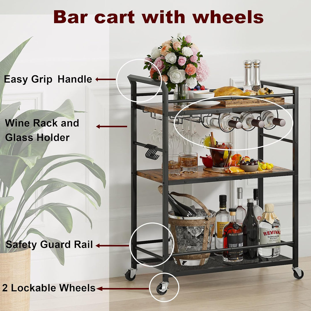Servierwagen mit Rollen Barwagen mit Gläserablage und Weinregal Metall Teewagen Küchenwagen auf Roll