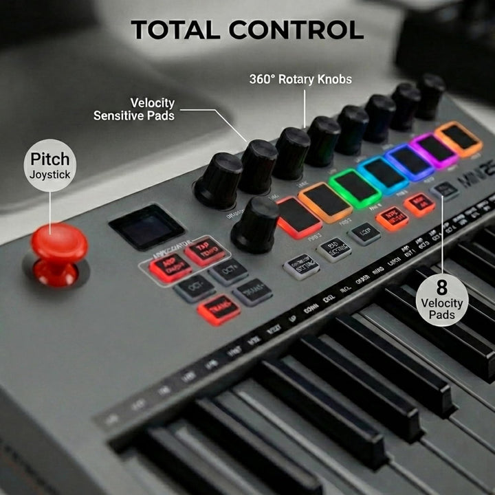 RockJam Go 25 Key USB & Bluetooth MIDI Keyboard Controller With 8 Backlit Drum Pads, 8 Knobs 25 Tast