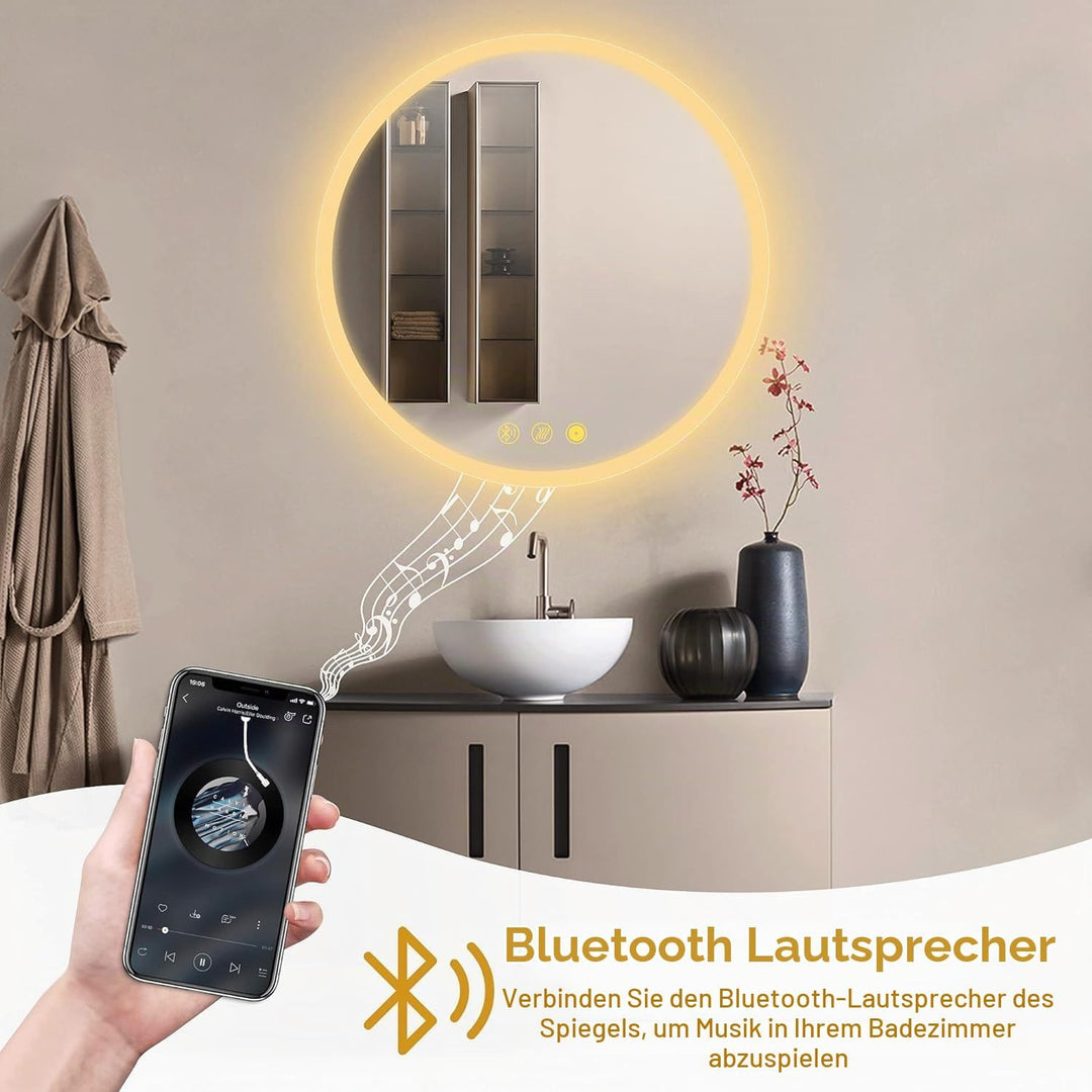 AI-LIGHTING Badspiegel mit Beleuchtung Bluetooth Rund 60 cm Badezimmer Spiegel mit Led Licht, 3 Lich