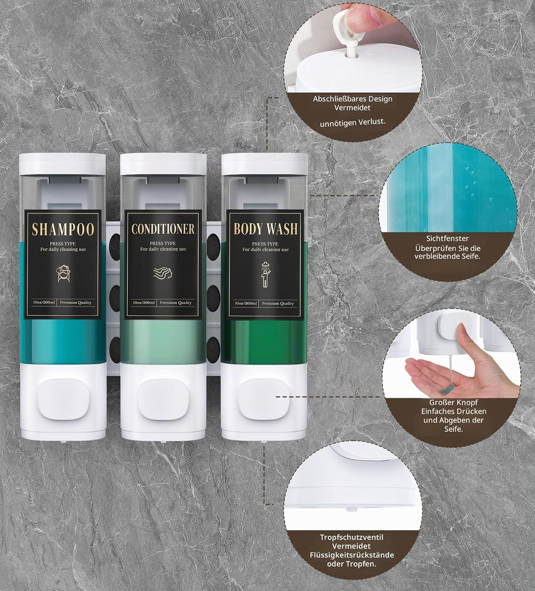 Luxspire Shampoo- und Conditioner-Spender, bohrerloser Wand-Duschseifenspender mit 3 Kammern und was