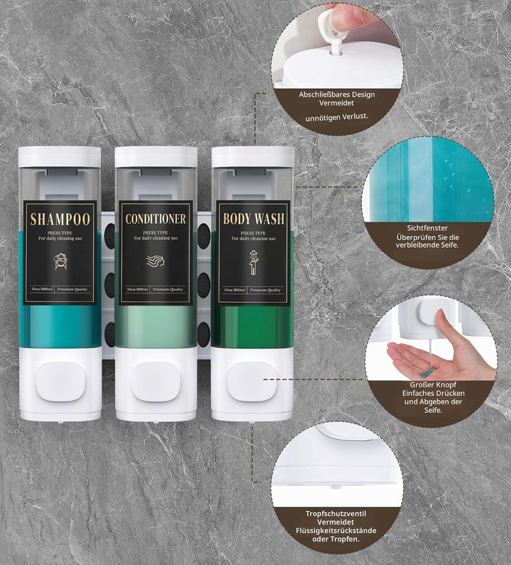 Luxspire Shampoo- und Conditioner-Spender, bohrerloser Wand-Duschseifenspender mit 3 Kammern und was
