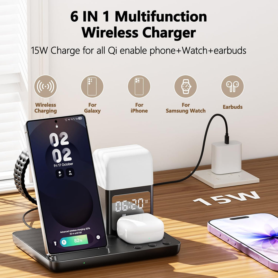 6 in 1 Induktive Ladestation,15W Wireless Charger mit Wecker und Nachtlicht, Kabelloses Ladegerät ko