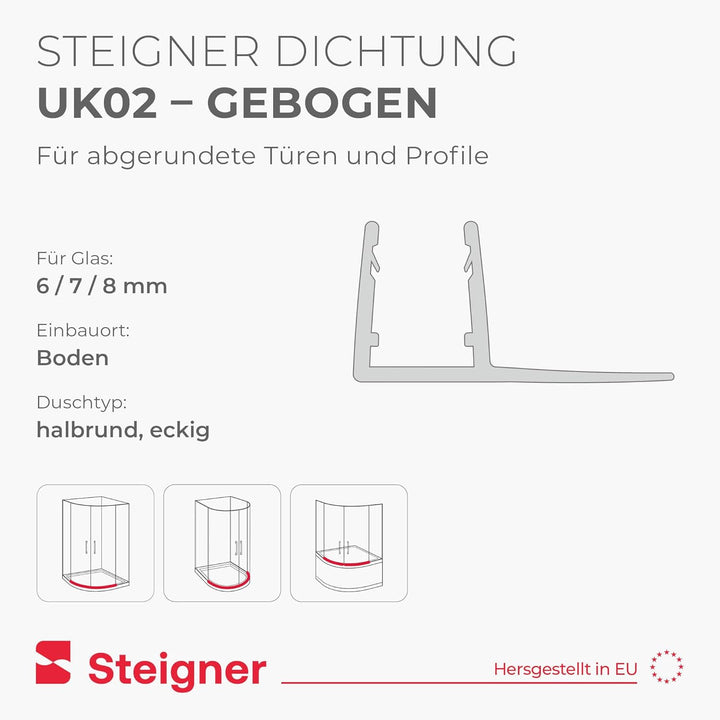 STEIGNER Duschdichtung, 120cm, Glasstärke 6/7/ 8 mm, Vorgebogene PVC Ersatzdichtung für Runddusche,