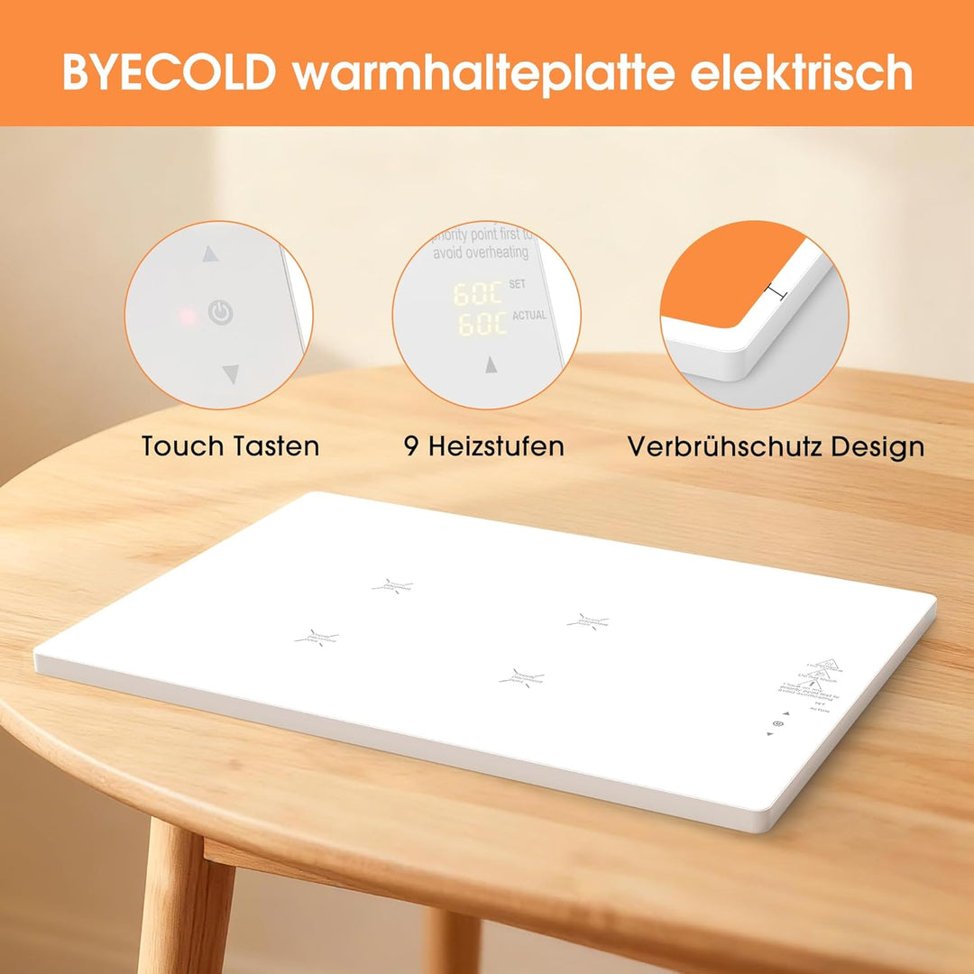 Byecold Warmhalteplatte 350 W, Wärmeplatte Elektrisch 60×40 cm, Graphen Speisewärmer, Touch Tasten,