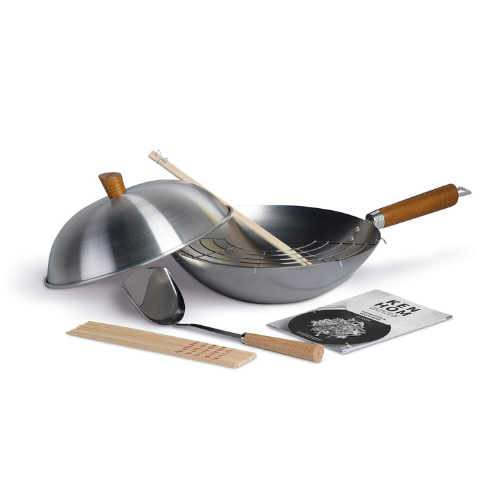 Ken Hom KH331103 Carbonstahl Wokpfanne Set, 31cm, Classic, Wok mit Deckel, Kochbuch, Ablagegitter un