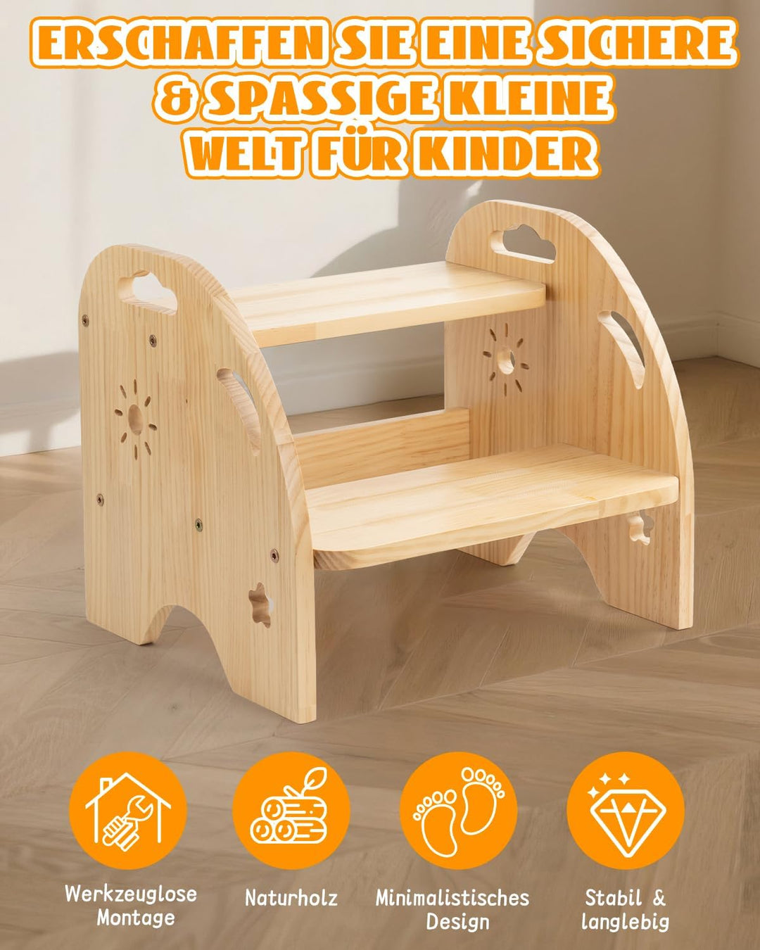 Tritthocker Kinder Holz 2 Stufen – Rutschfester Kinderhocker mit Griff – 200kg Belastbarkeit für Küc