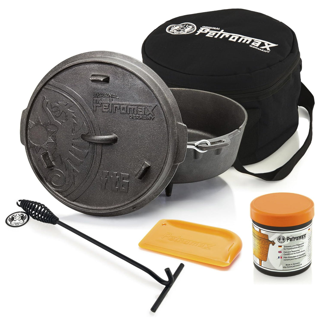 Petromax Feuertopf Starterset ft9-t (Dutch Oven Planer Boden) inkl. Deckelheber + Tasche + Pflegepas