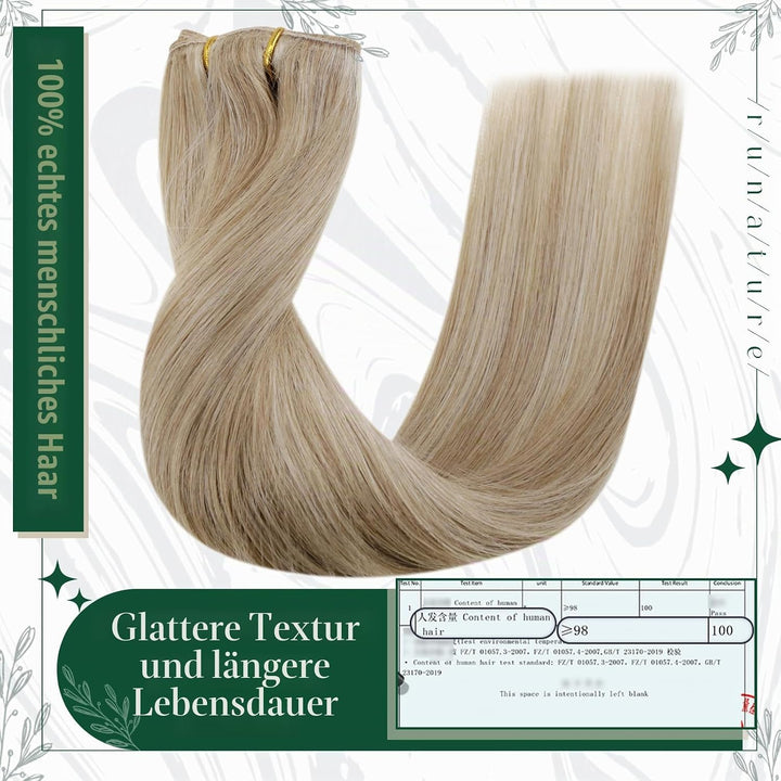 RUNATURE Clip in Extensions Echthaar Dunkel Aschblond mit Goldblond Clip in Haarextension Echthaar C
