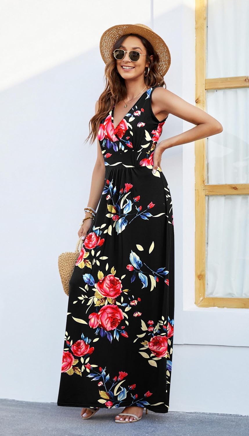 AUSELILY Sommerkleid Damen Lang ärmellos Maxikleider Wickelkleid Sommer Kleid Elegant Tiefem V-Aussc