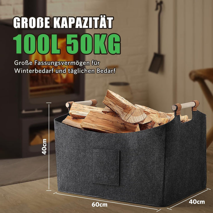 XXXL 100L Filzkorb Holzkorb für Kaminholz Brennholzkorb Faltbare Filztasche mit rutschfester Griffe