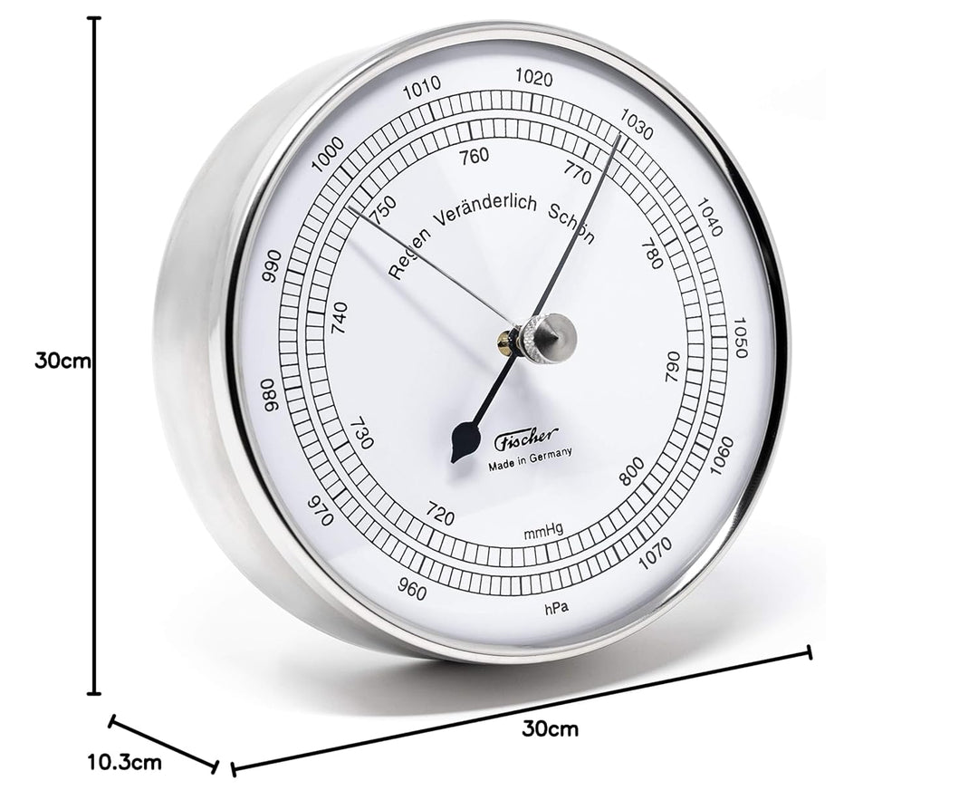 Fischer 15.01 - Barometer - 103mm Druckmessgerät mit Edelstahl-Gehäuse und weissem Ziffernblatt - Ma