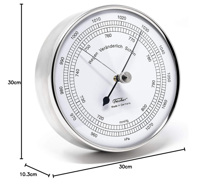 Fischer 15.01 - Barometer - 103mm Druckmessgerät mit Edelstahl-Gehäuse und weissem Ziffernblatt - Ma