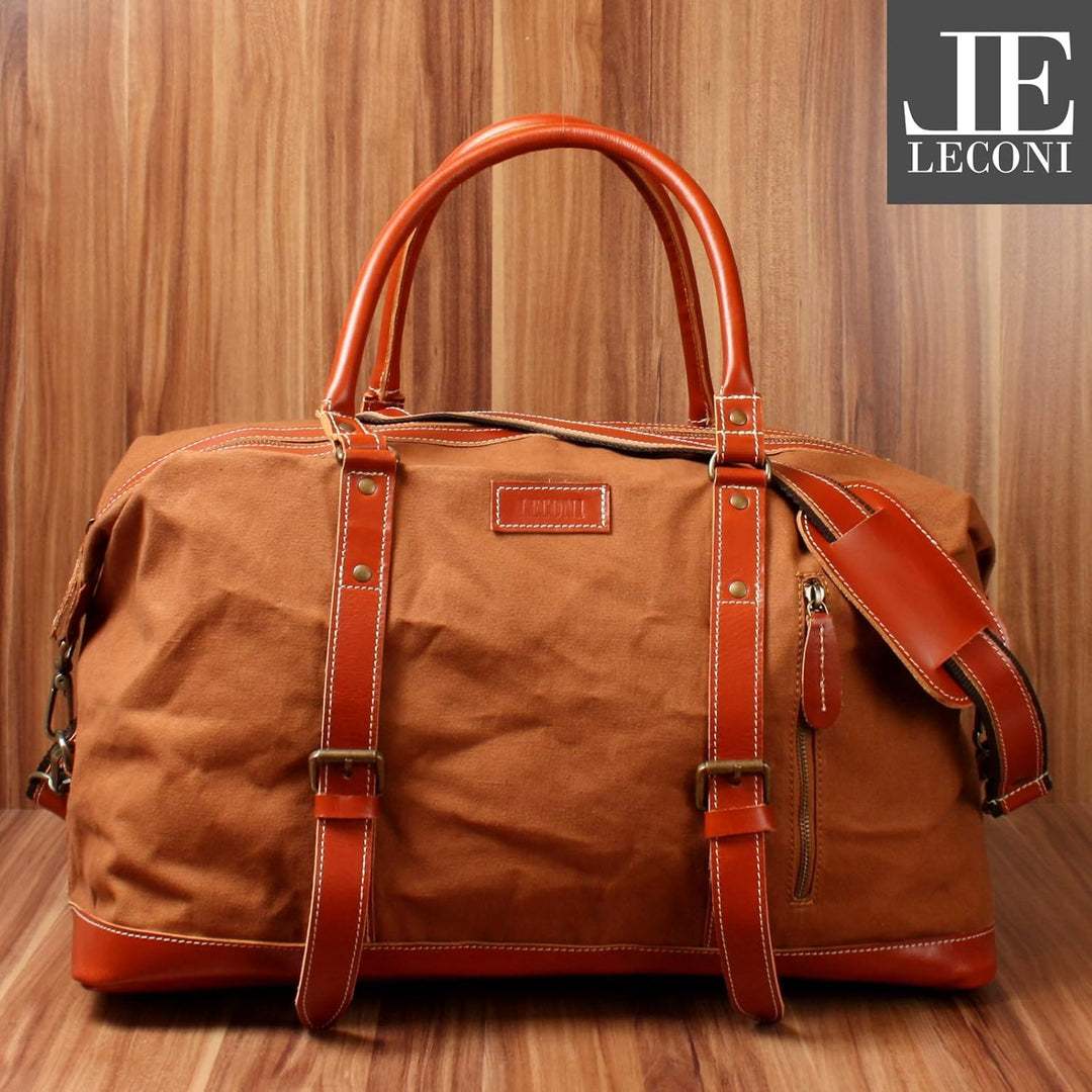 LECONI Weekender gross Canvas + Echt-Leder Retro Reisetasche Unisex Damen + Herren Sporttasche Reise