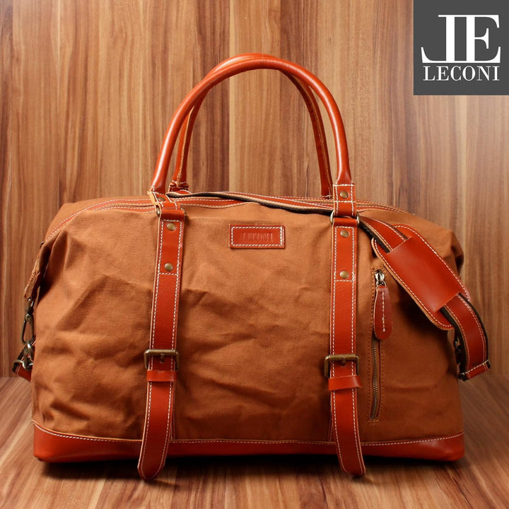 LECONI Weekender gross Canvas + Echt-Leder Retro Reisetasche Unisex Damen + Herren Sporttasche Reise