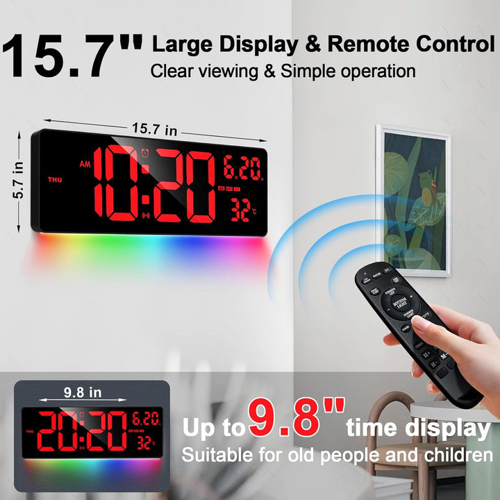 XREXS 16,5'' Grosse Digitale Wanduhr, automatische Zeitkalibrierung, rotes Digitaldisplay mit bunter