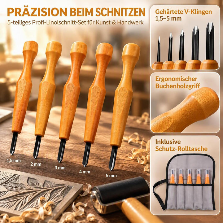 Schnitzmesser Set 5-teilig für Linolschnitt mit Buchenholzgriff
