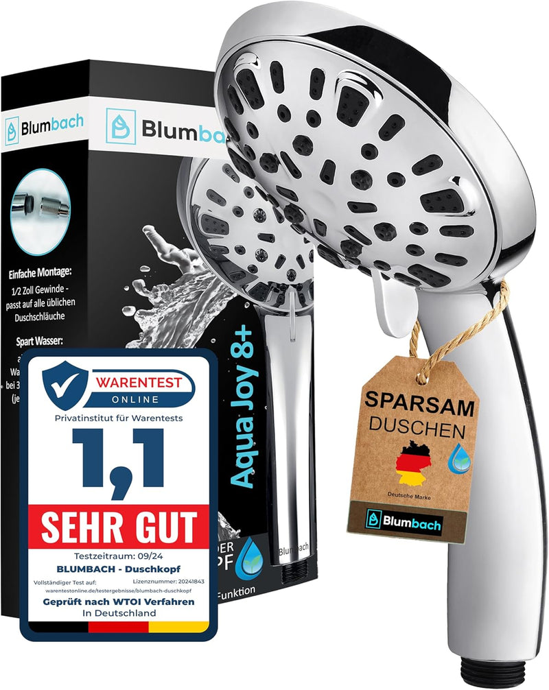 BLUMBACH Duschkopf wassersparend 8-9 Liter/Min, Sparduschkopf 8 Stahlarten, wassersparender Duschkop