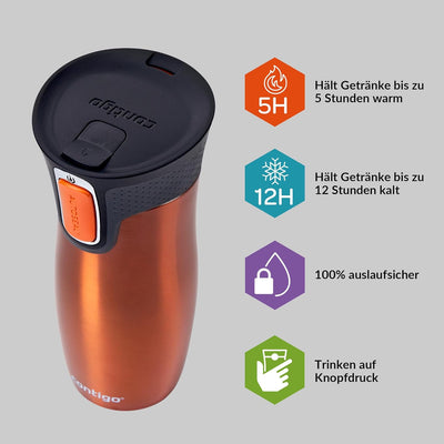 Contigo West Loop Autoseal Thermobecher, Edelstahl Isolierbecher, Kaffeebecher To Go, BPA frei, ausl