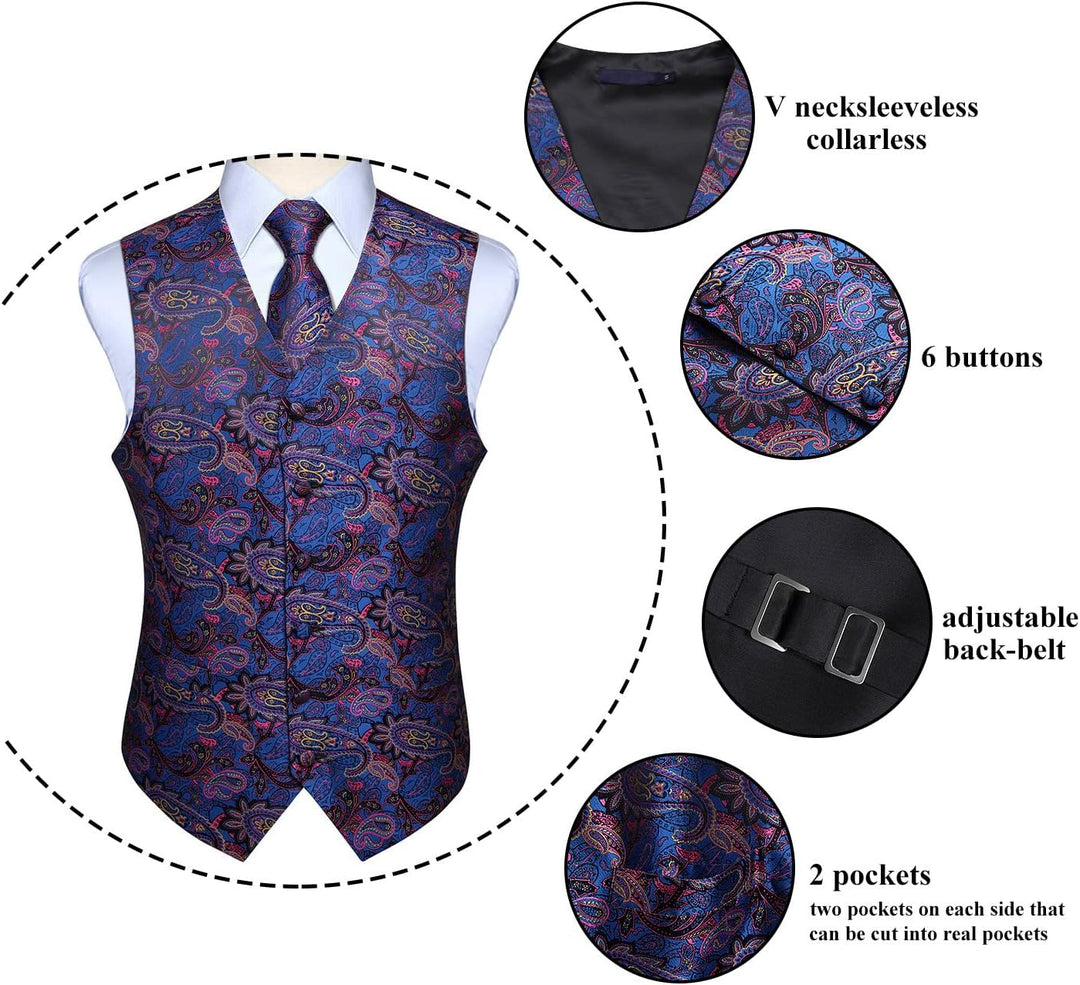 Enlision Herren Paisley Floral Jacquard Weste & Krawatte und Pocket Square Weste Anzug Set L Blau Ro