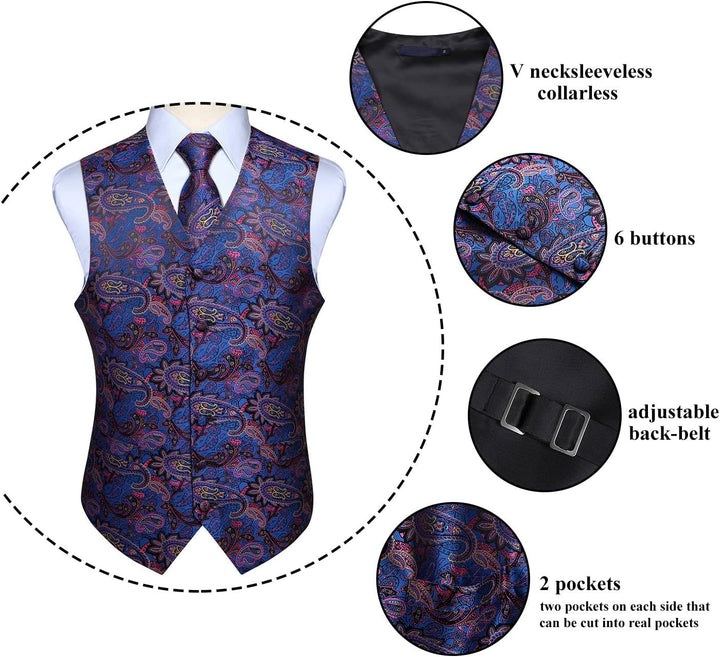 Enlision Herren Paisley Floral Jacquard Weste & Krawatte und Pocket Square Weste Anzug Set L Blau Ro