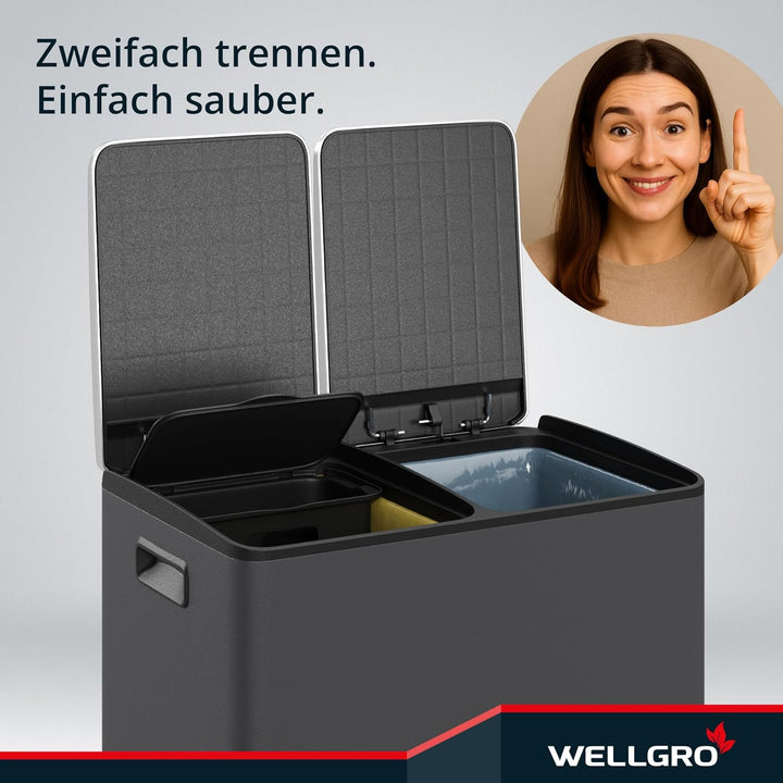 WELLGRO Treteimer grau, Mülleimer, Edelstahl Tretmülleimer mit 2 x 30 Liter, klappbaren Fusspedalen,
