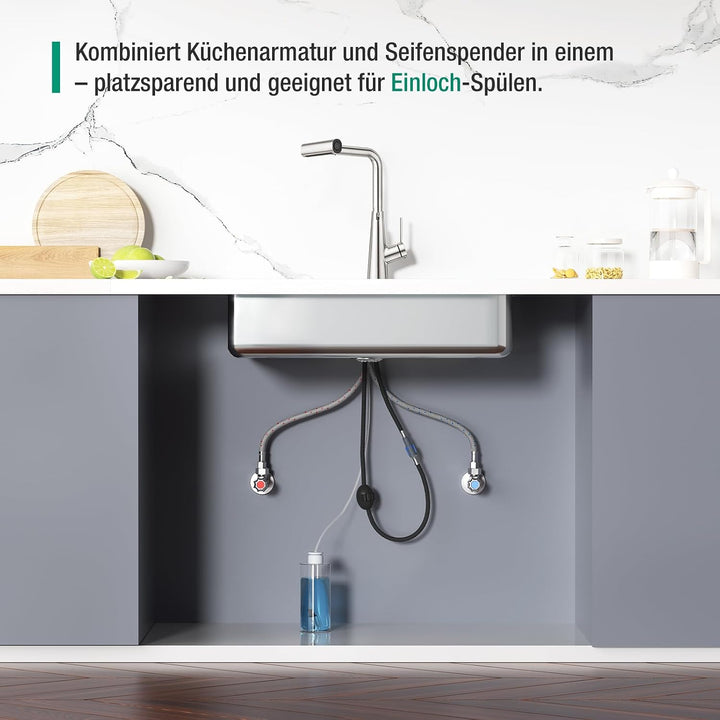 CREA Wasserfall Wasserhahn Küche Ausziehbar,Mischbatterie Edelstahl Küche mit Seifenspender,360° Dre