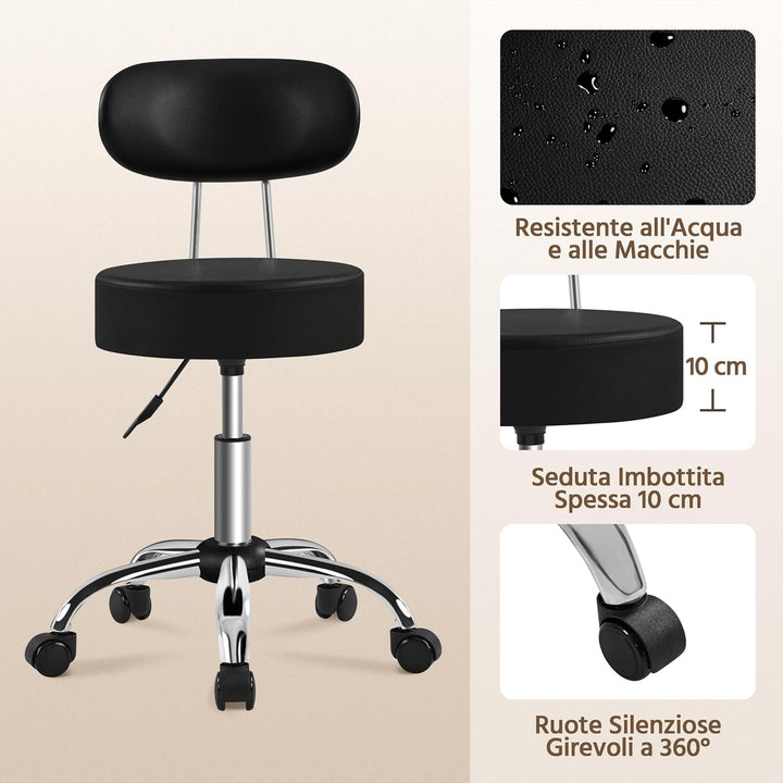 Yaheetech Rollhocker Arbeitshocker mit Rückenlehne Höhenverstellbarer 75.5-85cm,Drehhocker mit Rolle