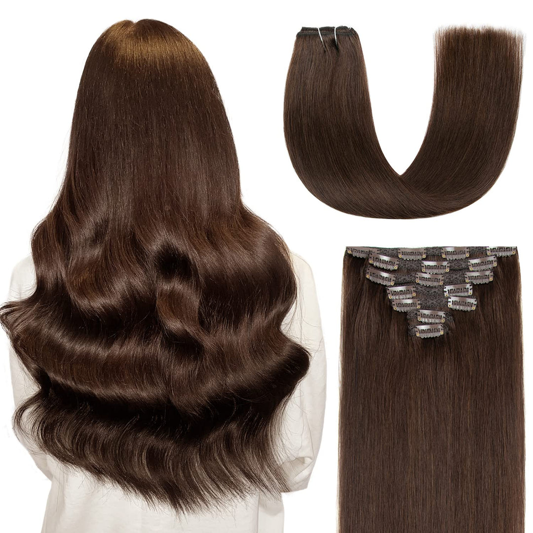 AGMITY Clip in Extensions Echthaar 40cm Dunkel Braun 120 Gramm 7 Stück Unsichtbar Gerade Glatt Nahtl