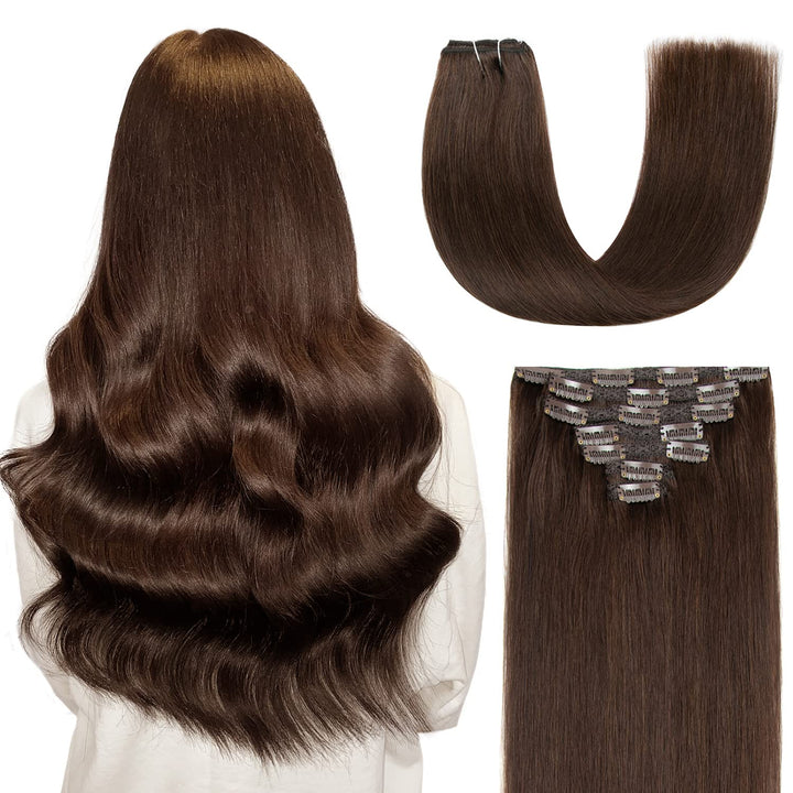 AGMITY Clip in Extensions Echthaar 40cm Dunkel Braun 120 Gramm 7 Stück Unsichtbar Gerade Glatt Nahtl