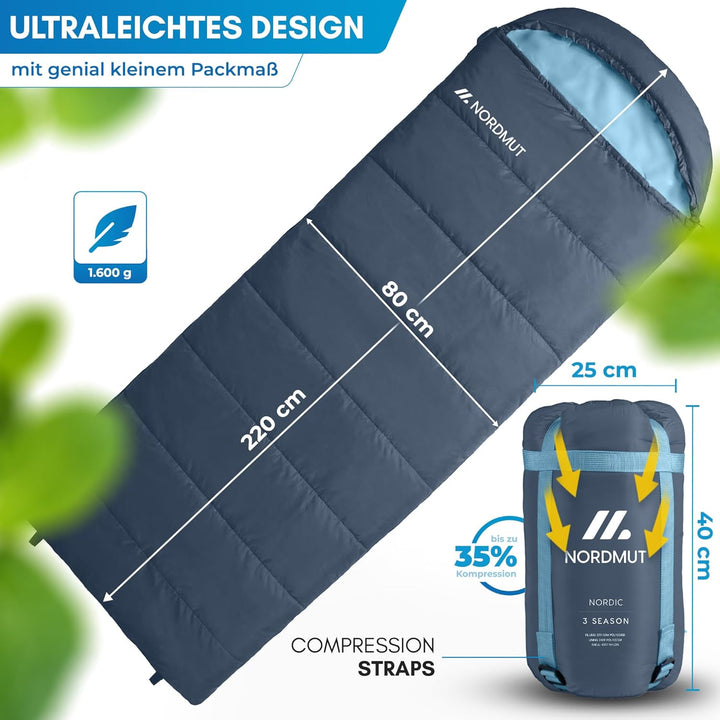 NORDMUT® Deckenschlafsack Erwachsene mit Zwei-Wege YKK-Reissverschluss – kleines Packmass & Ultralei