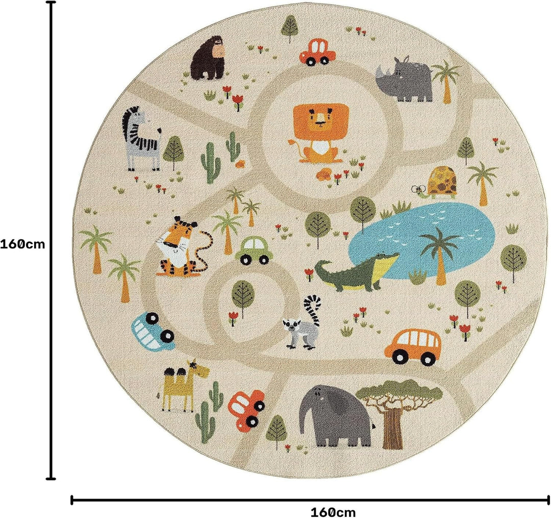 the carpet Happy Life – Kinderteppich Spielteppich mit Strassen‑Motiv, Dschungel, Tiere &amp; Autos, rut