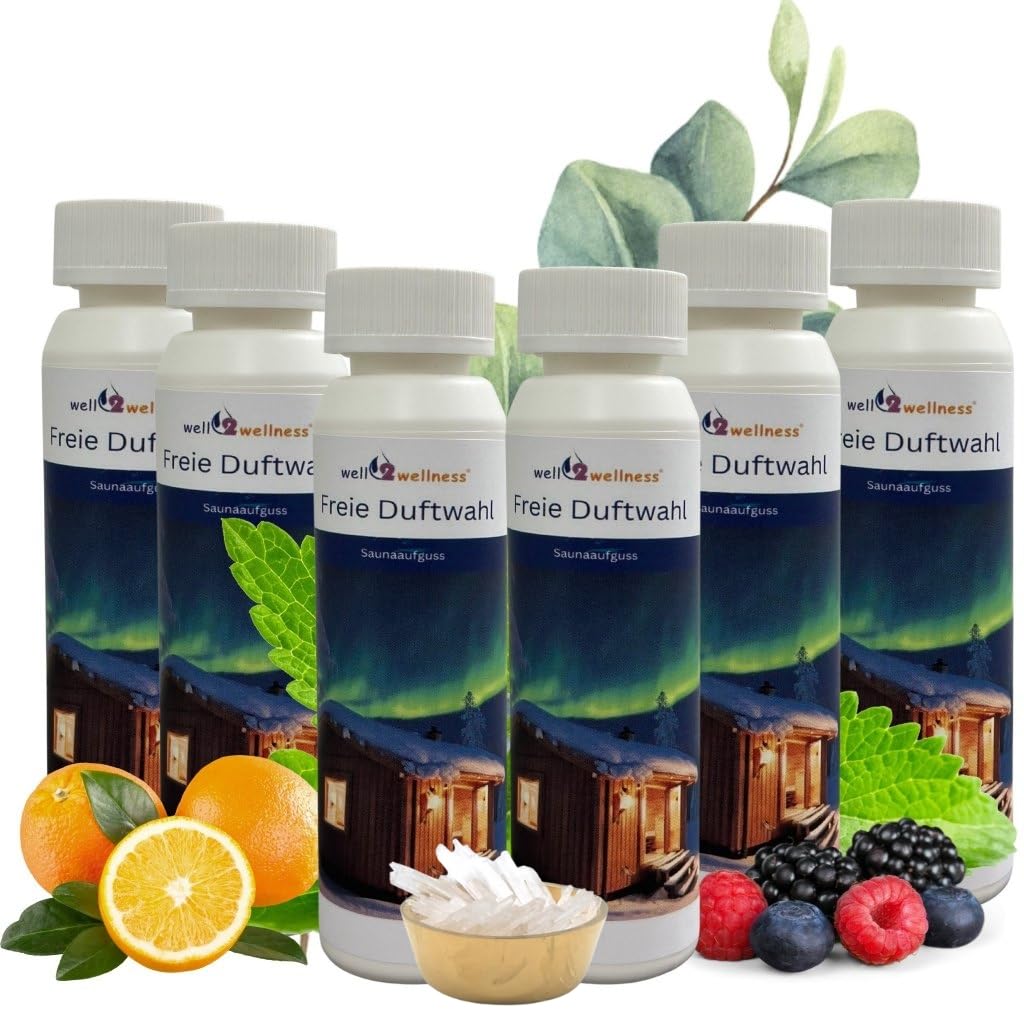 Saunaaufguss-Set 6 x 250 ml well2wellness® Saunaduftkonzentrat (freie Duftwahl) plus gratis 10g Ment