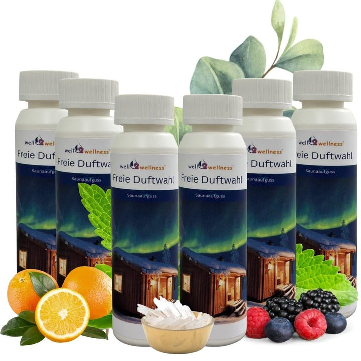 Saunaaufguss-Set 6 x 250 ml well2wellness® Saunaduftkonzentrat (freie Duftwahl) plus gratis 10g Ment