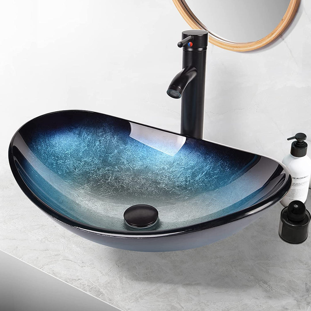 ARTETHYS Waschbecken Glas Aufsatzwaschbecken mit Wasserhahn Ablaufgarnitur, Oval Waschschale Waschti