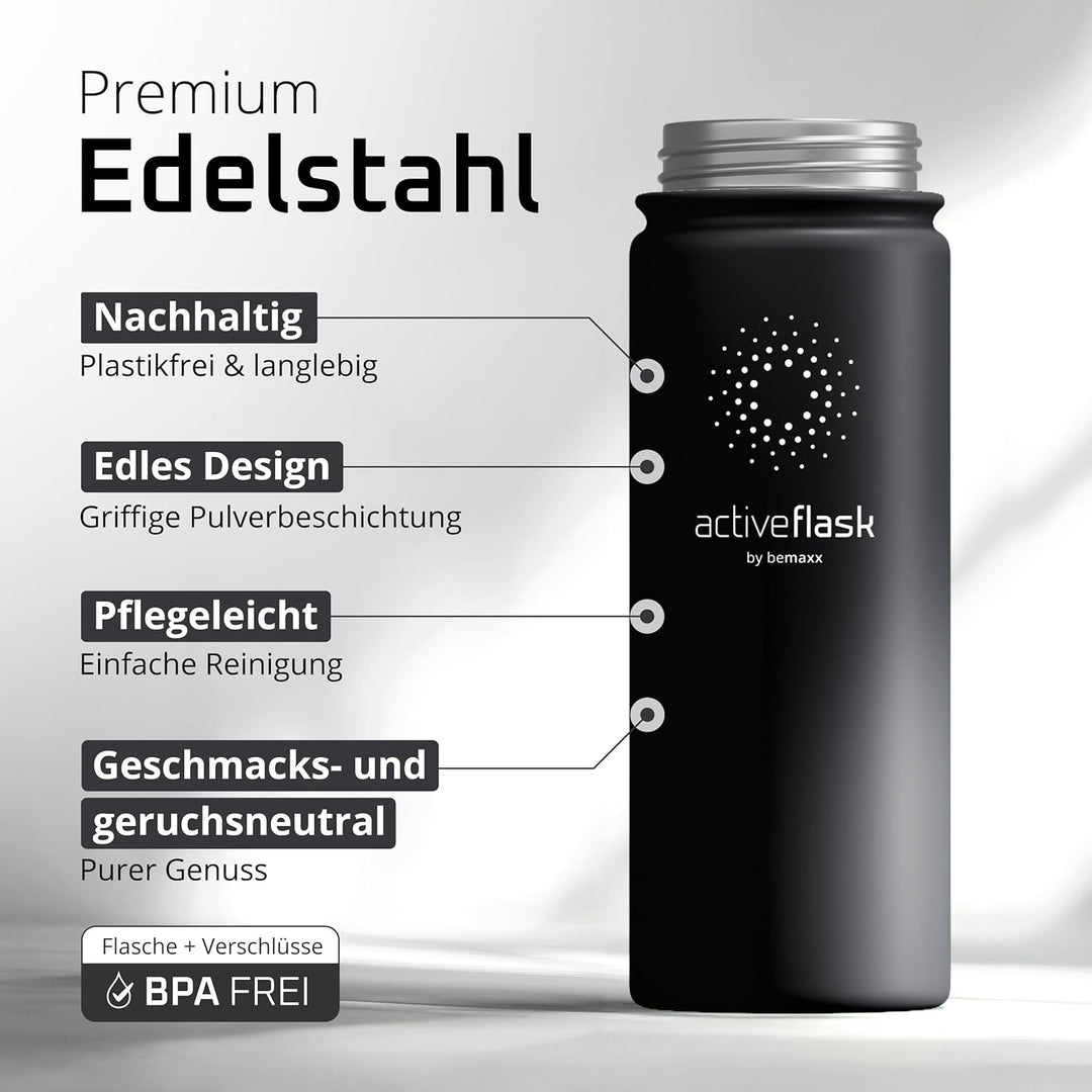 Trinkflasche Edelstahl ACTIVE FLASK + Strohhalm (3 Deckel) BPA-frei, Auslaufsicher, Kohlensäure geei
