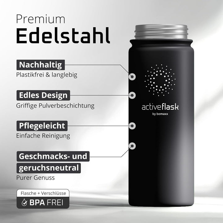 Trinkflasche Edelstahl ACTIVE FLASK + Strohhalm (3 Deckel) BPA-frei, Auslaufsicher, Kohlensäure geei