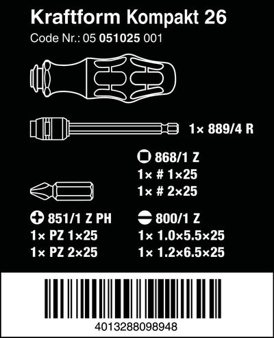 Wera 05051025001 Kraftform Kompakt 26 mit Tasche, Handhalter mit Bit-Magazin, 7-teilig, 7 Stück, far