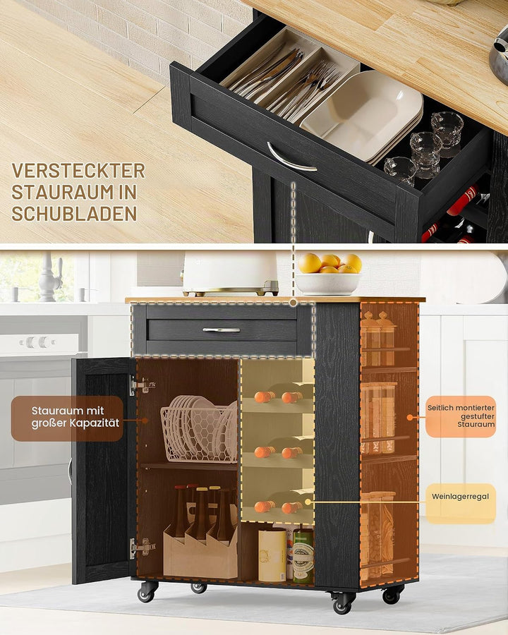 Hzuaneri Servierwagen, Küchenwagen Mit Rädern, 68 × 86 × 40 cm, Schwarz | Weinregal, Kücheninsel, Ko