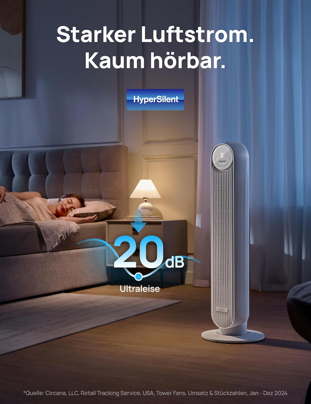 Dreo 28dB Leiser Turmventilator, 7,3m/s Geschwindigkeit 4 Geschwindigstufen 4 Modi 8 Std. Timer 90°