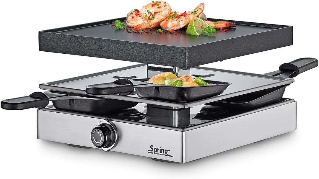 Spring CLASSIC Raclette 4 Personen Silber, Tischgrill elektrisch, Antihaftbeschichtete Alu-Grillplat