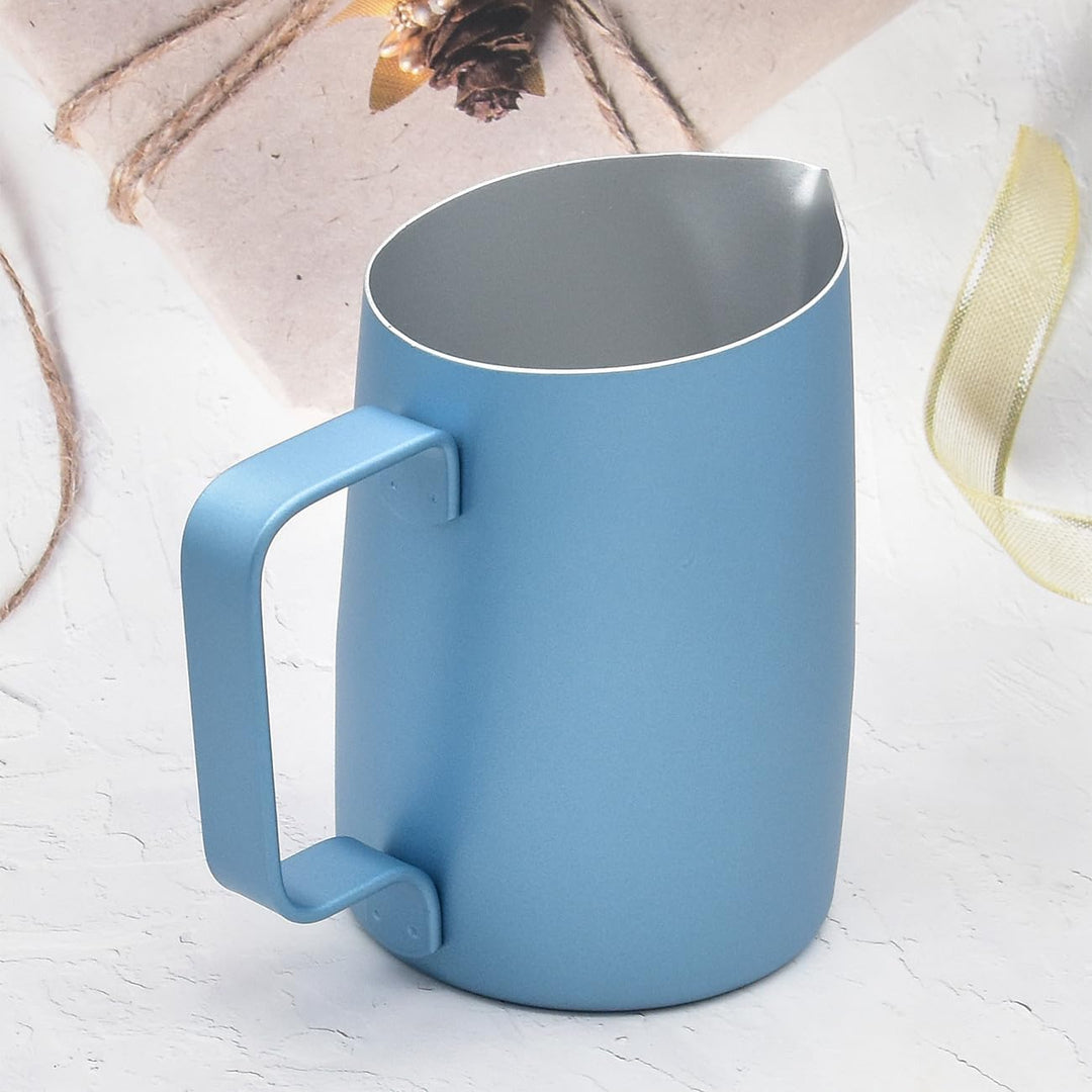 Milchkännchen, 420 ml, Espresso-Dampfkrug, Edelstahl, Milchaufschäumer für Latte Art, Blau, Blau