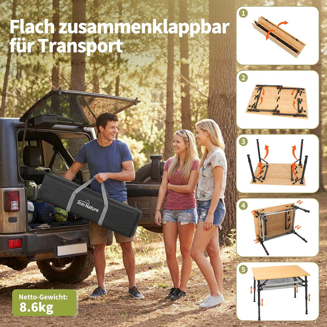 Join Nature Campingtisch Klappbar Bambus Stufenlos Höhenverstellbar 47–65cm Aluminiumgestell mit Tra