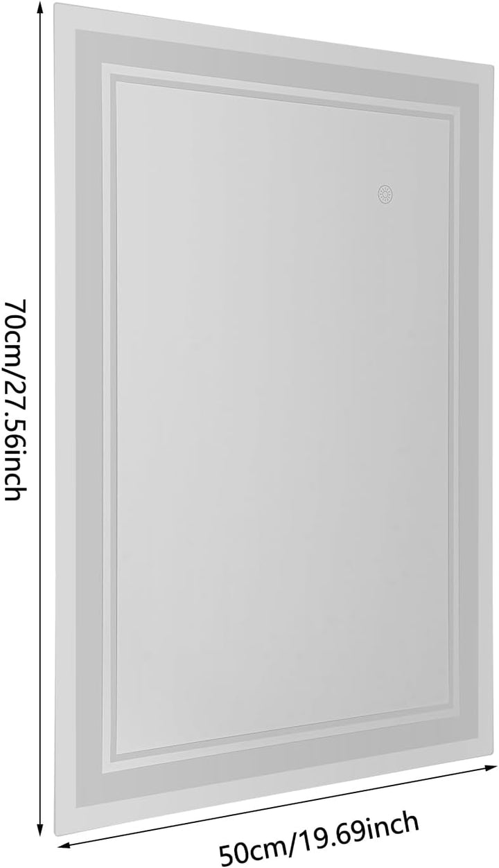 Badezimmerspiegel mit Beleuchtung, rechteckiger Wandspiegel, 70 x 50 cm, 10-100 % stufenlos verstell
