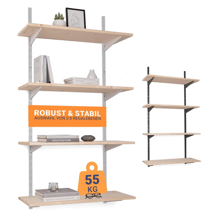 Wandregal Metall mit Boden · Regal in 50 Varianten · Höhe: 150 cm · 4 Ebenen in 80 x 50 cm (B x T) ·