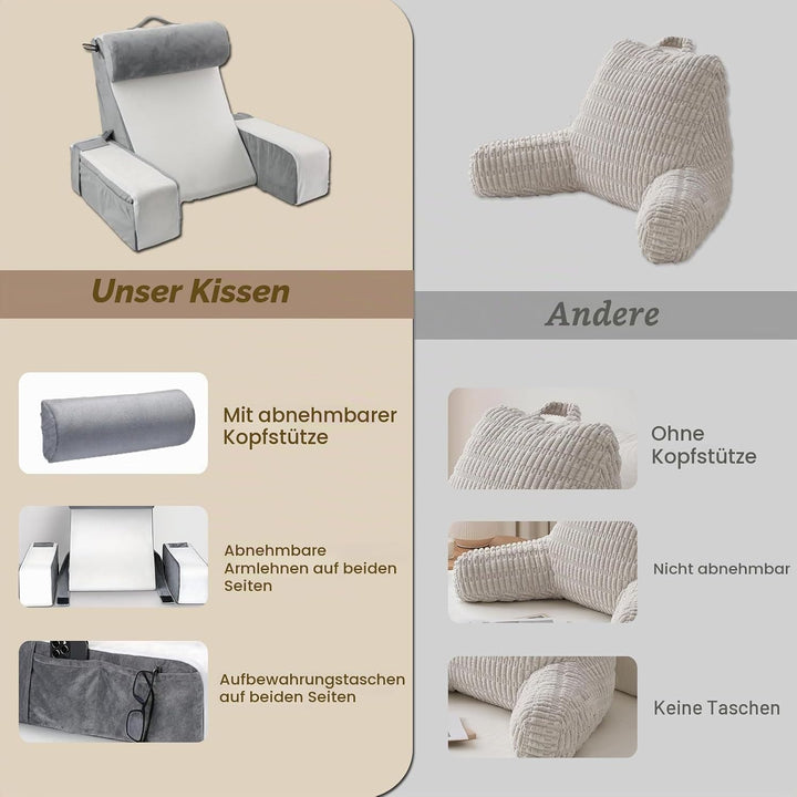 Gross lesekissen für Bett und Sofa, Erwachsene Rückenkissen Bett mit Nackenrolle &amp; Armlehnen, Ergono