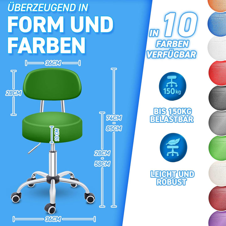 TRESKO® Rollhocker mit Lehne Grün | Arbeitshocker höhenverstellbar 46-58 cm | Drehhocker mit Rollen