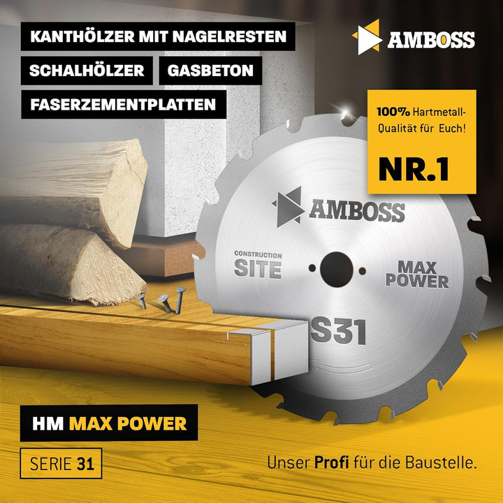 Amboss - HM Kreissägeblatt - NAGELFEST - Ø 500 mm x 4,0 mm x 30 mm | für extremen Einsatz auf Bauste